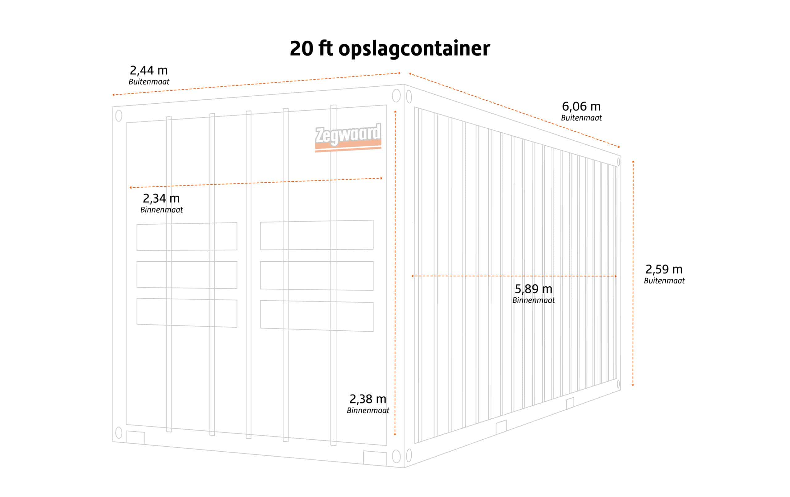 Maten opslagcontainer 20ft