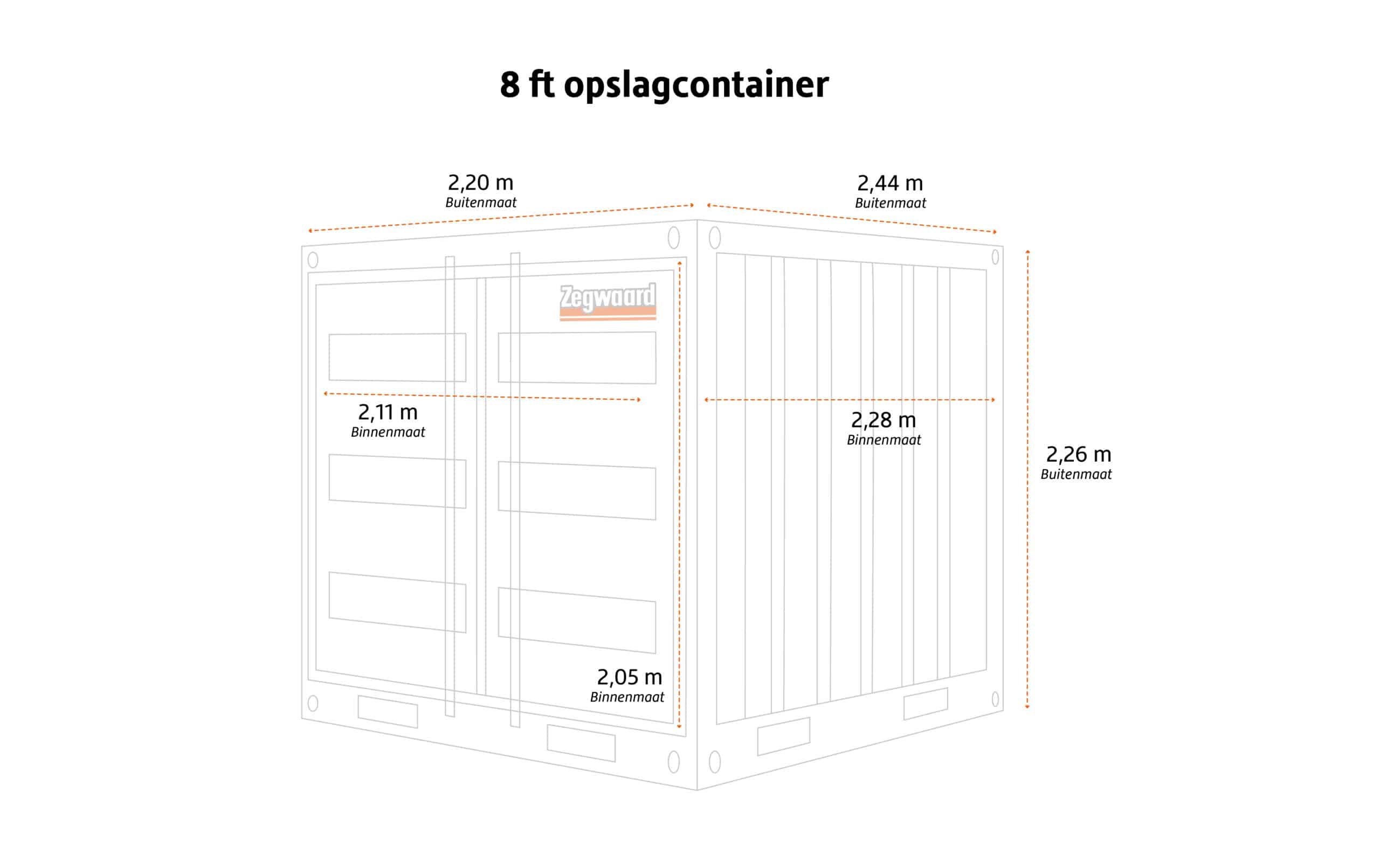 Maten opslagcontainer 8ft